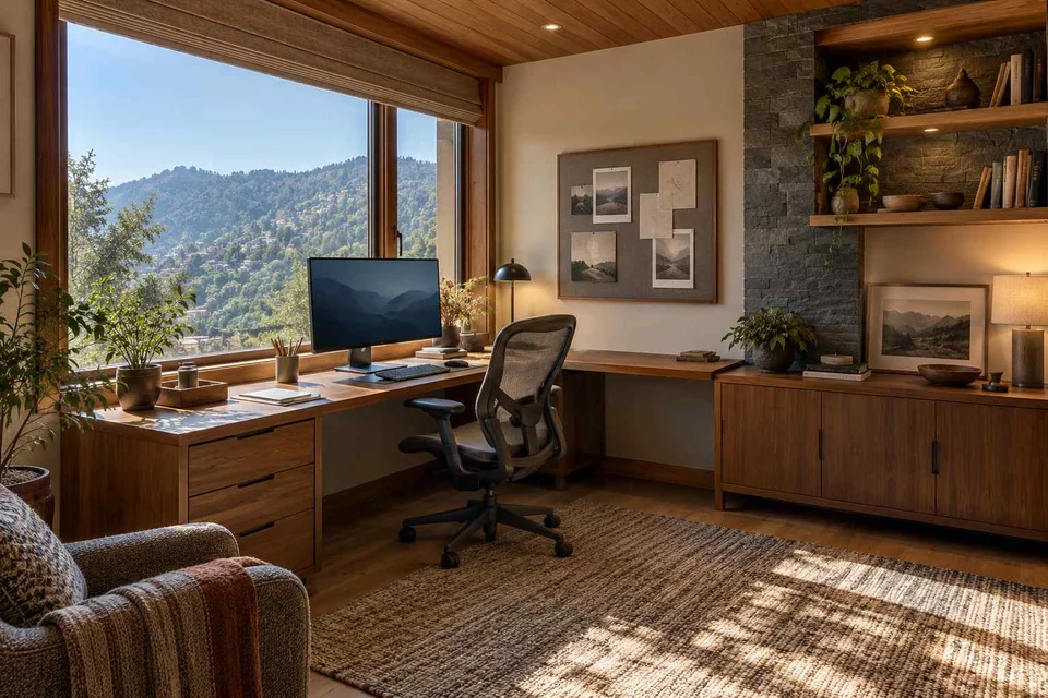 AI-generated home office concept: window return desk, hill timber direction