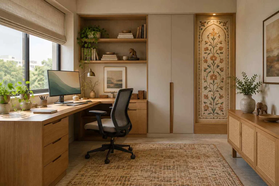 AI-generated home office concept: window return desk, inlay atelier direction