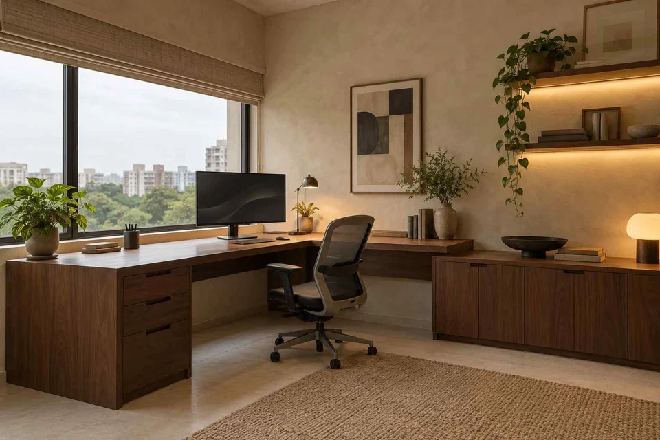 AI-generated home office concept: window return desk, lime and walnut direction