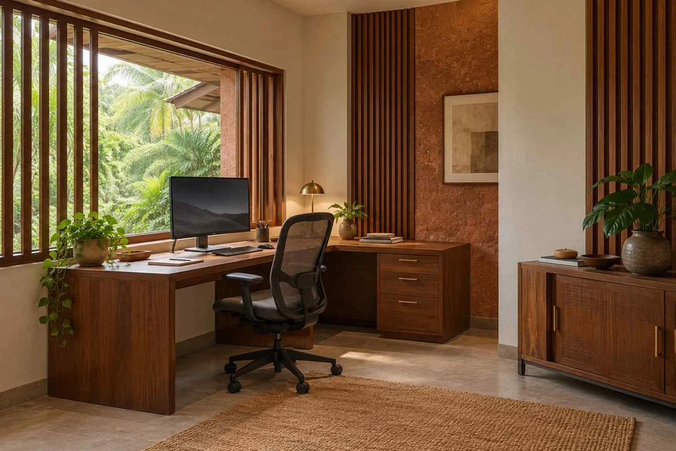 AI-generated home office concept: window return desk, malabar timber direction