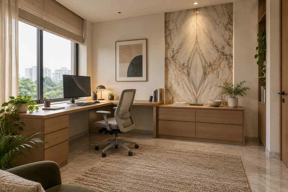 AI-generated home office concept: window return desk, marble restraint direction
