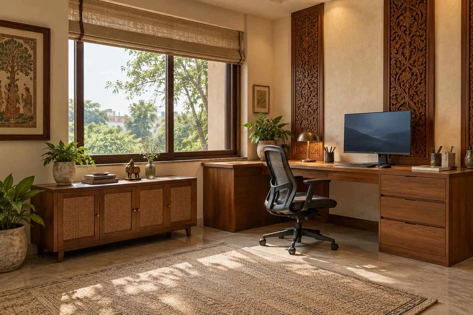 AI-generated home office concept: window return desk, modern carved direction