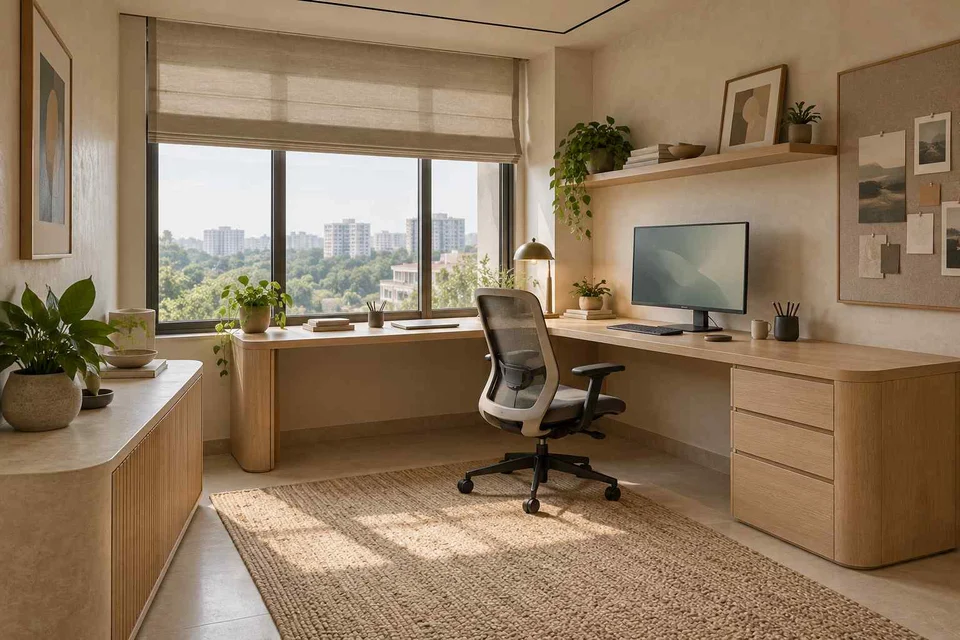 AI-generated home office concept: window return desk, quiet contemporary direction