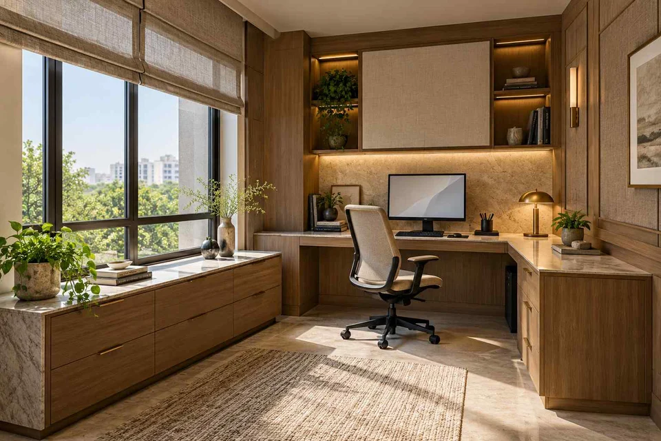 AI-generated home office concept: window return desk, quiet transitional direction