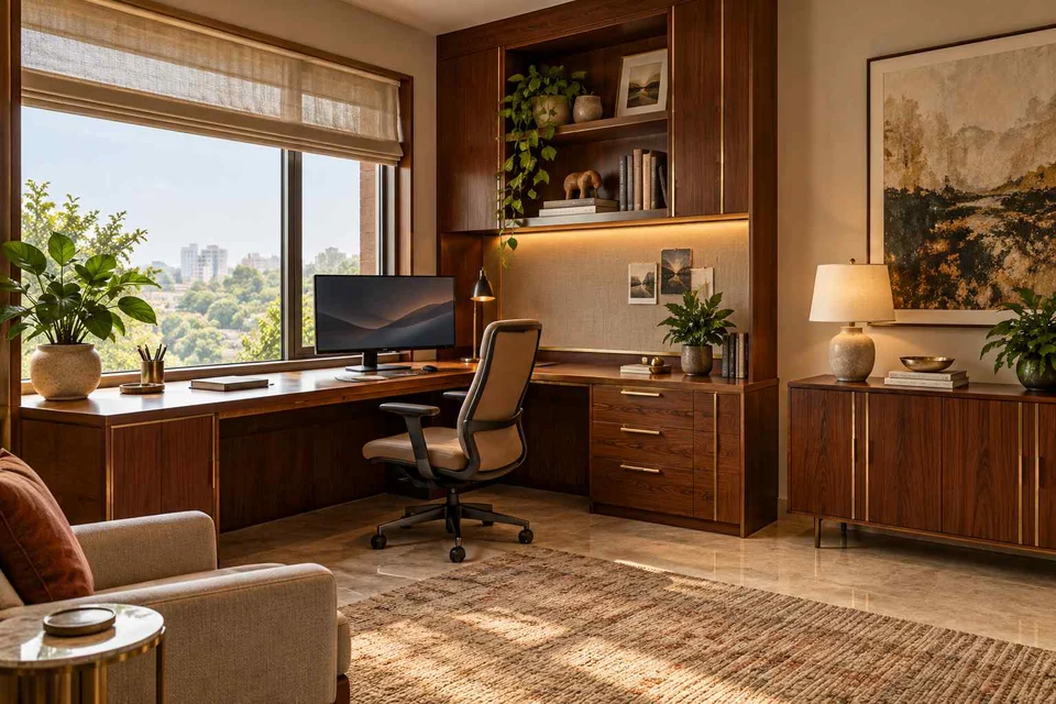 AI-generated home office concept: window return desk, rosewood brass direction