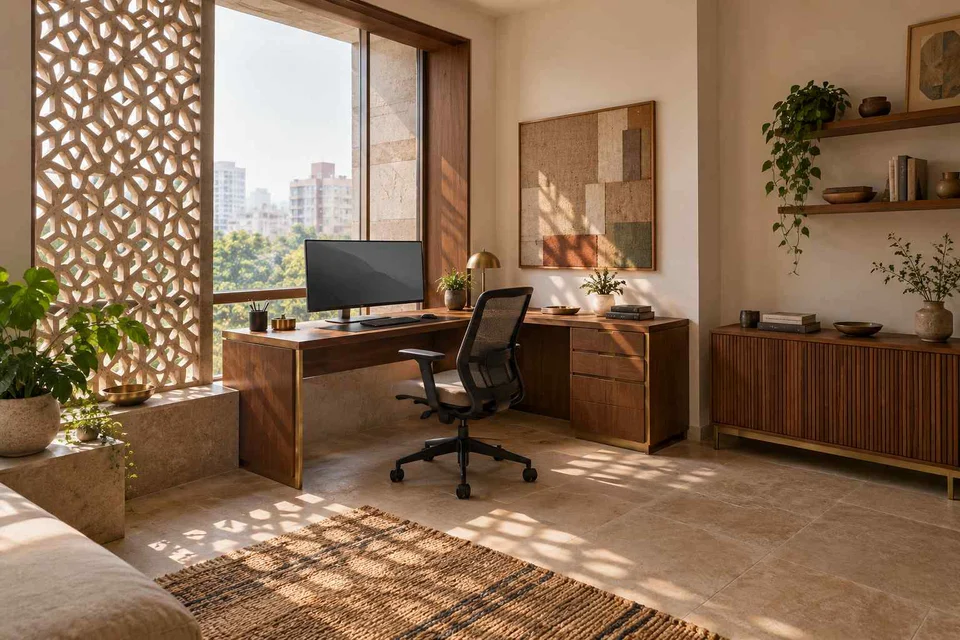 AI-generated home office concept: window return desk, sandstone lattice direction