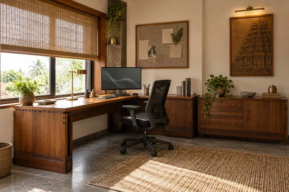 AI-generated home office concept: window return desk, teak craft direction