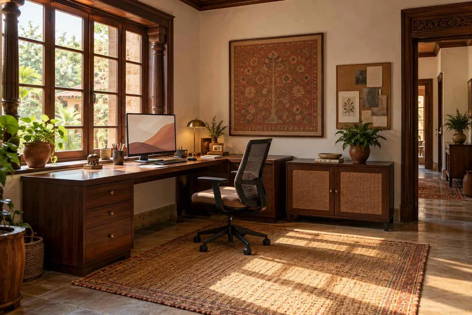 AI-generated home office concept: window return desk, terracotta heritage direction