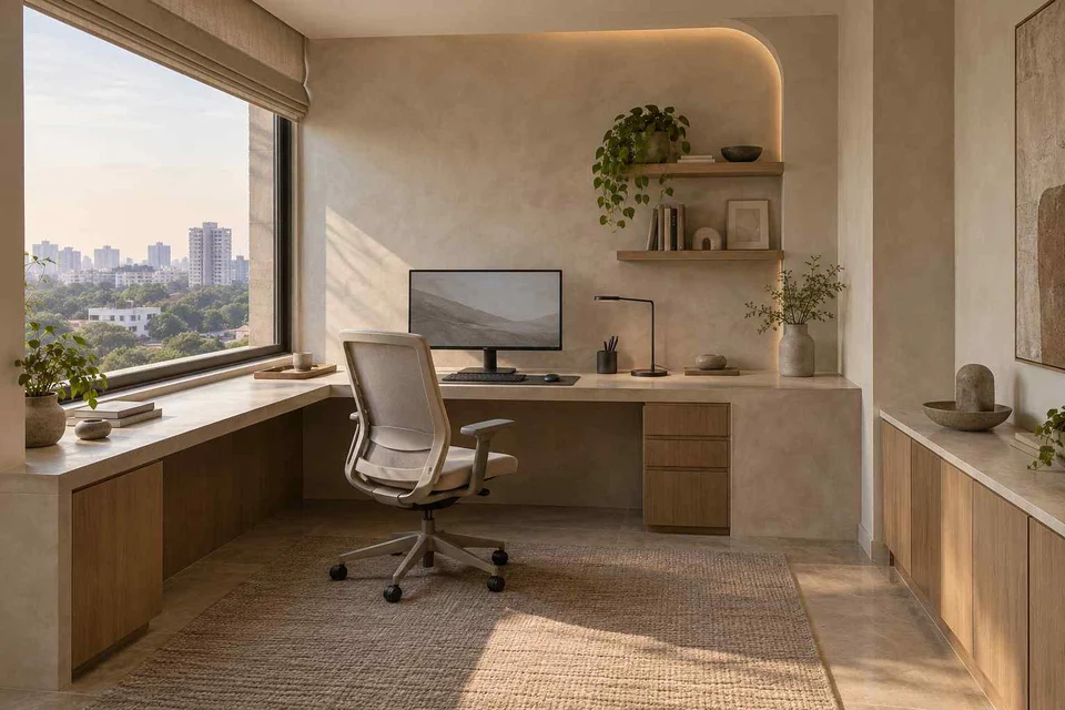 AI-generated home office concept: window return desk, textured mineral direction