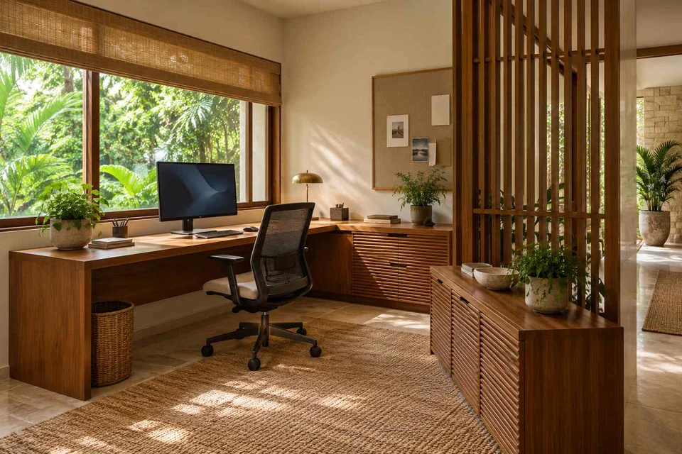 AI-generated home office concept: window return desk, tropical slatted direction