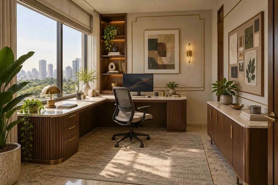 AI-generated home office concept: window return desk, urban deco direction