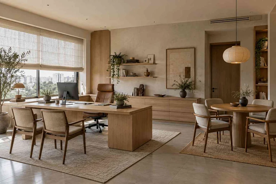 AI-generated home office concept: work and meeting nook, ash and linen direction