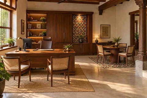 AI-generated home office concept: work and meeting nook, chettinad tile direction