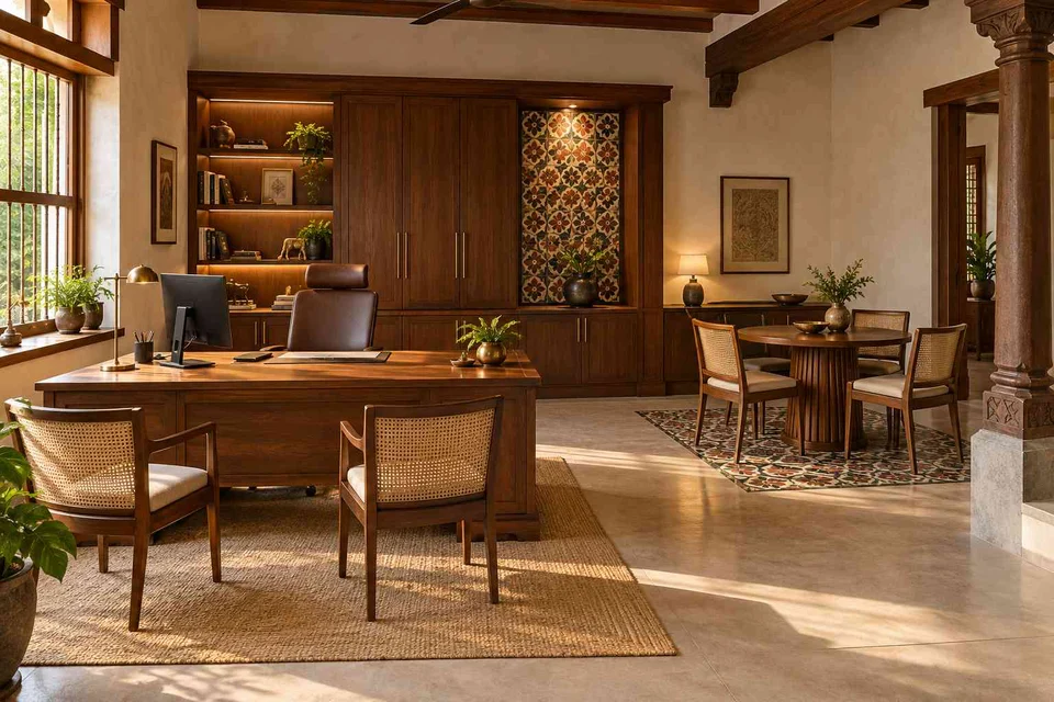 AI-generated home office concept: work and meeting nook, chettinad tile direction