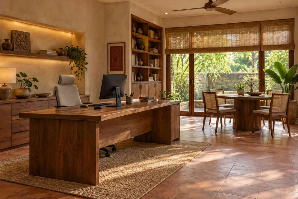 AI-generated home office concept: work and meeting nook, clay artisan direction