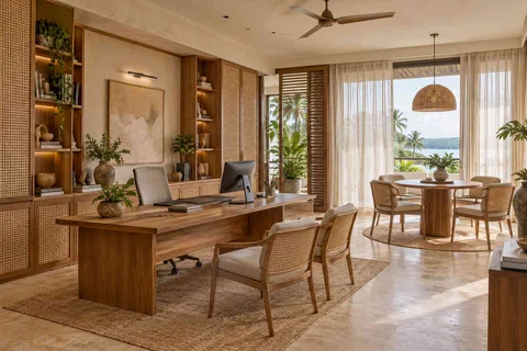 AI-generated home office concept: work and meeting nook, coastal woven direction