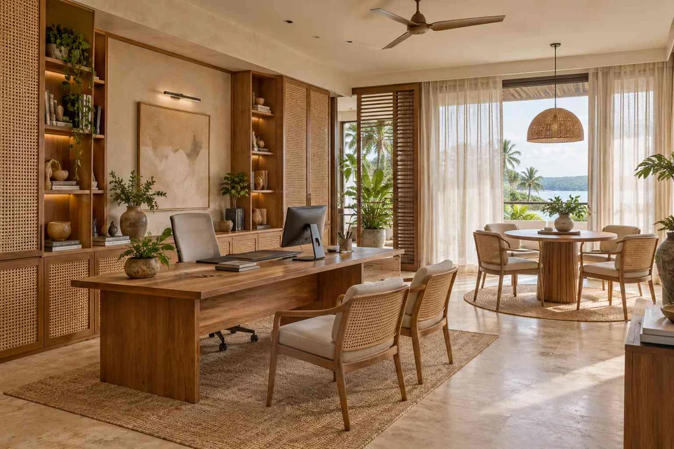 AI-generated home office concept: work and meeting nook, coastal woven direction