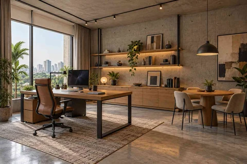 AI-generated home office concept: work and meeting nook, concrete and oak direction