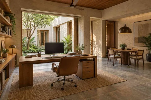 AI-generated home office concept: work and meeting nook, courtyard modern direction