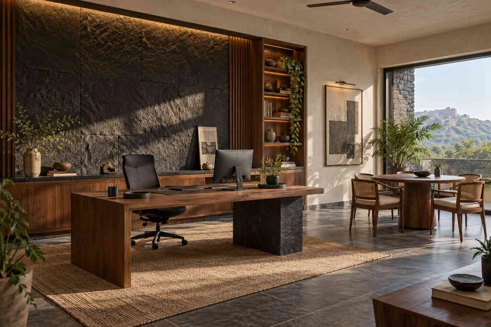 AI-generated home office concept: work and meeting nook, deccan stone direction