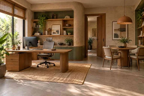 AI-generated home office concept: work and meeting nook, earth and bamboo direction