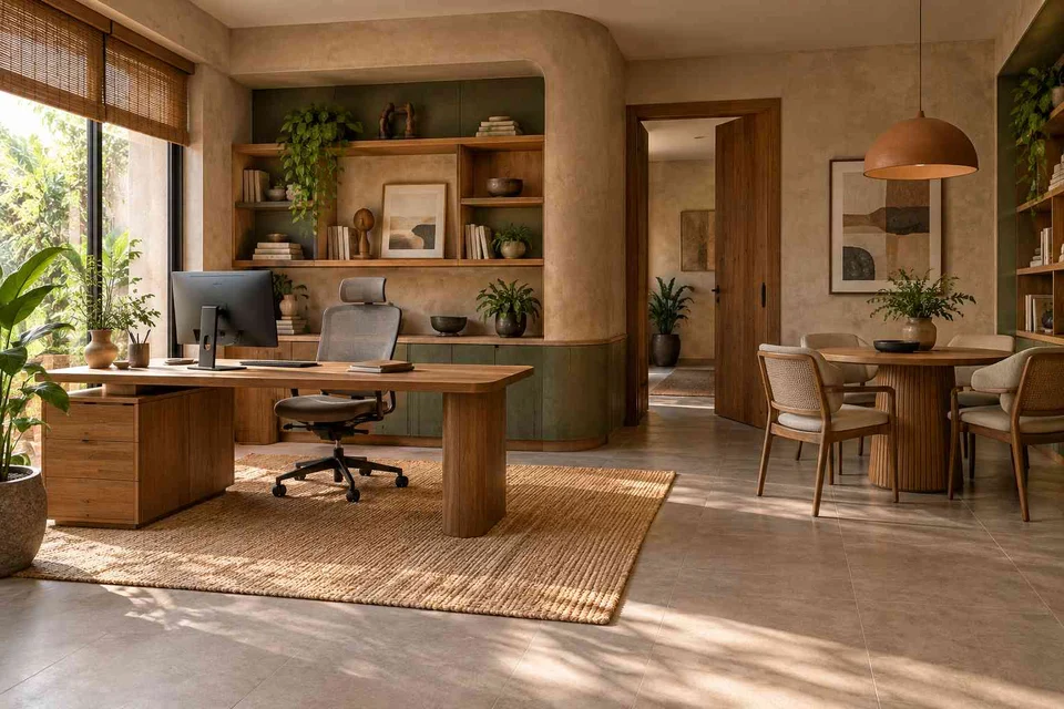 AI-generated home office concept: work and meeting nook, earth and bamboo direction