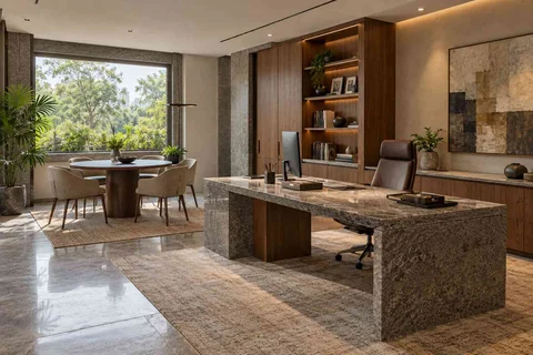 AI-generated home office concept: work and meeting nook, granite precision direction