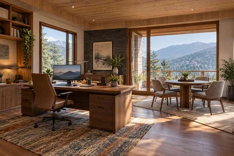 AI-generated home office concept: work and meeting nook, hill timber direction