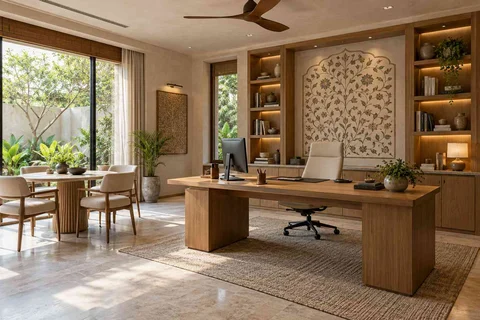 AI-generated home office concept: work and meeting nook, inlay atelier direction