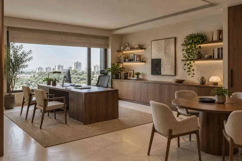 AI-generated home office concept: work and meeting nook, lime and walnut direction