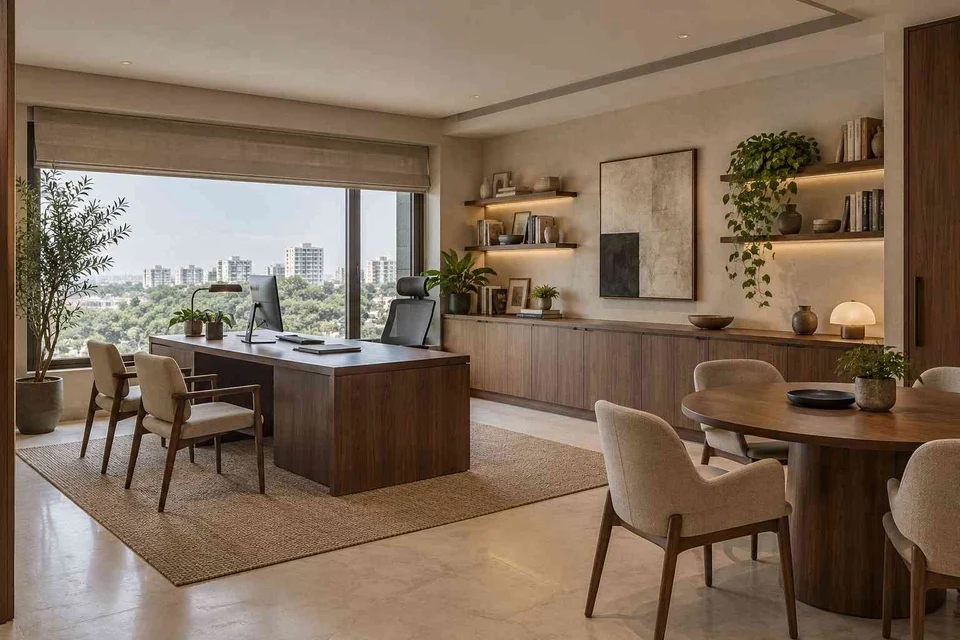 AI-generated home office concept: work and meeting nook, lime and walnut direction