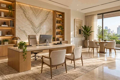 AI-generated home office concept: work and meeting nook, marble restraint direction