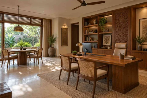 AI-generated home office concept: work and meeting nook, modern carved direction