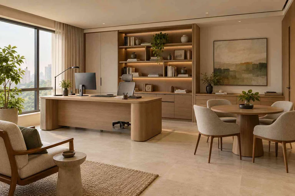 AI-generated home office concept: work and meeting nook, quiet contemporary direction