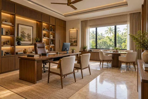AI-generated home office concept: work and meeting nook, quiet transitional direction