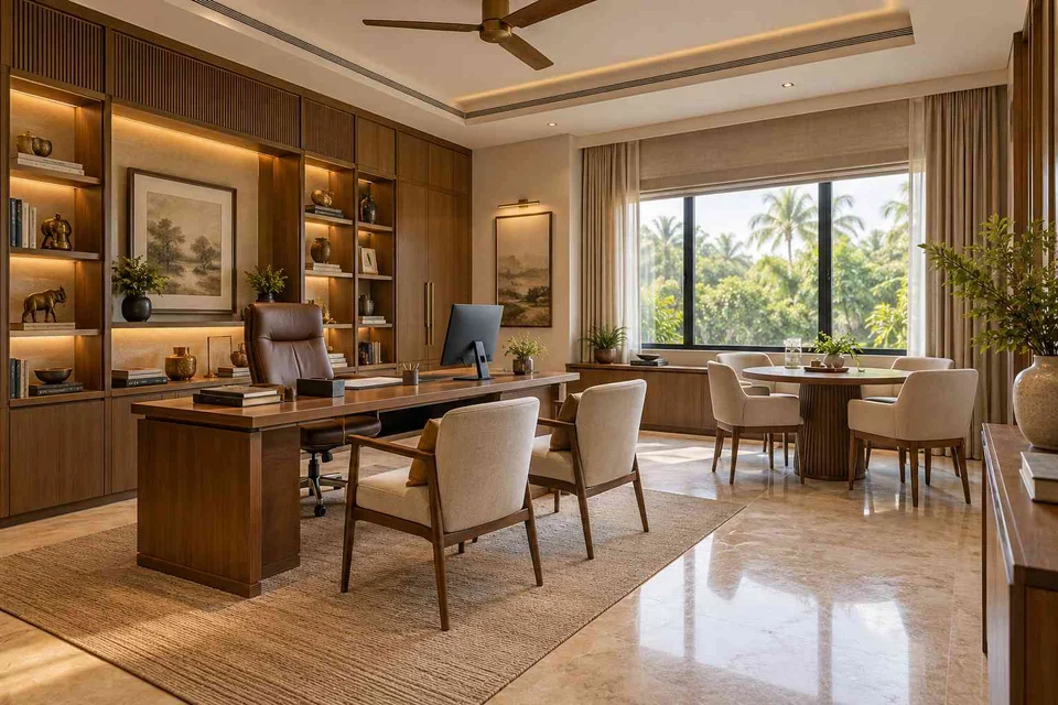 AI-generated home office concept: work and meeting nook, quiet transitional direction
