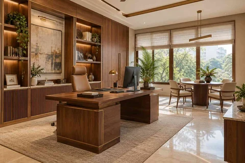 AI-generated home office concept: work and meeting nook, rosewood brass direction