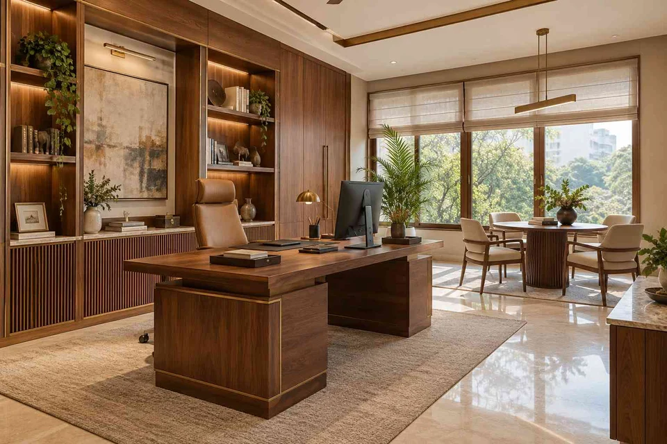 AI-generated home office concept: work and meeting nook, rosewood brass direction
