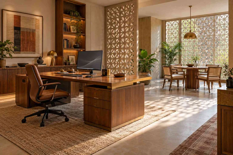 AI-generated home office concept: work and meeting nook, sandstone lattice direction