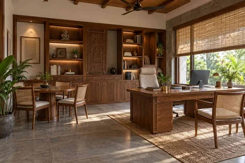 AI-generated home office concept: work and meeting nook, teak craft direction