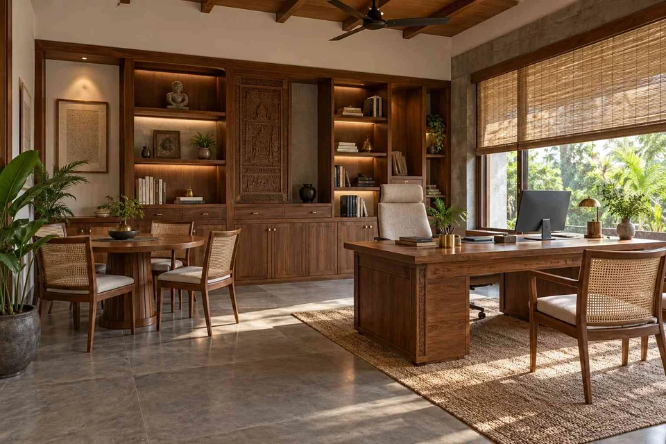 AI-generated home office concept: work and meeting nook, teak craft direction