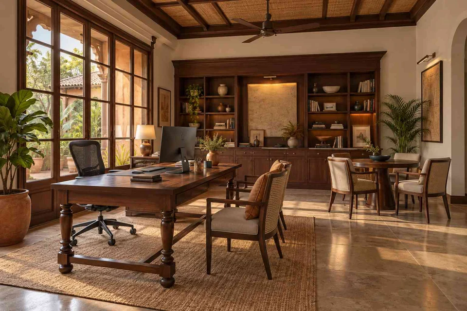 AI-generated home office concept: work and meeting nook, terracotta heritage direction