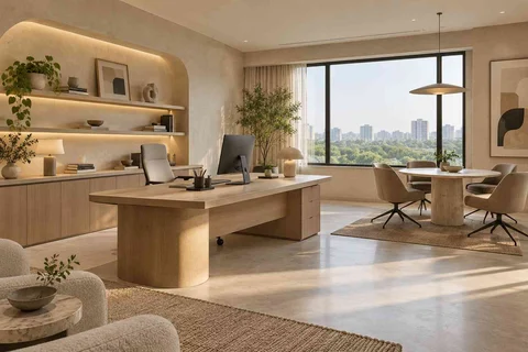 AI-generated home office concept: work and meeting nook, textured mineral direction