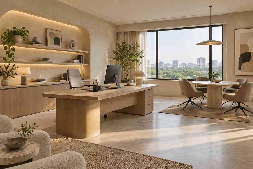 AI-generated home office concept: work and meeting nook, textured mineral direction