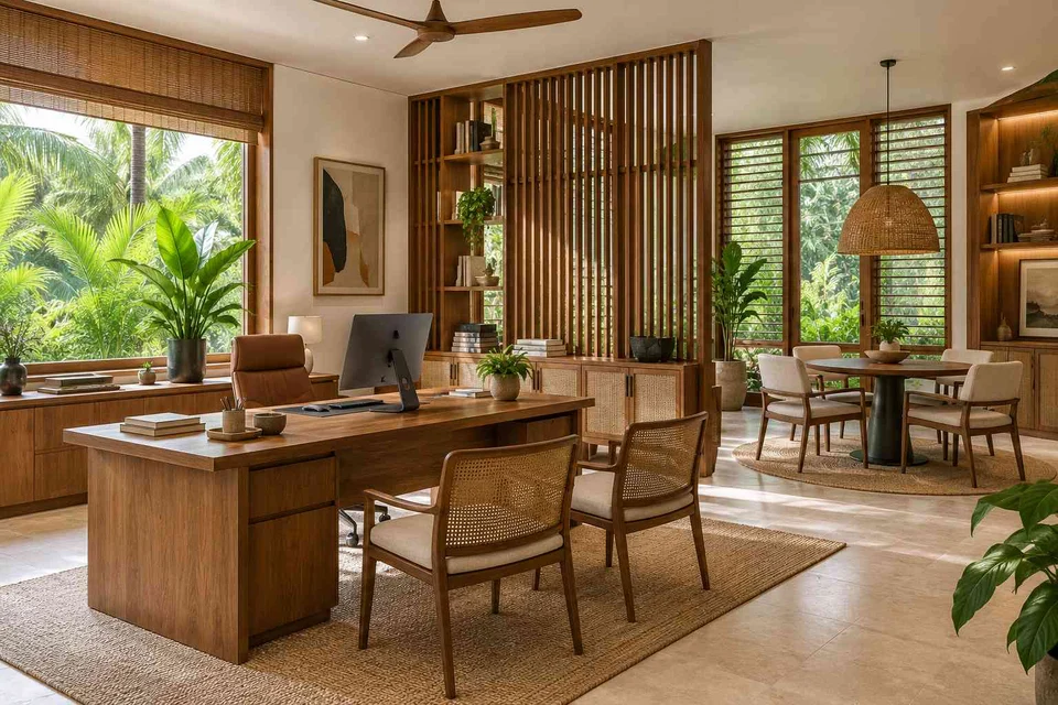 AI-generated home office concept: work and meeting nook, tropical slatted direction