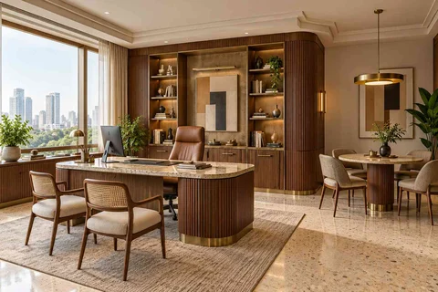 AI-generated home office concept: work and meeting nook, urban deco direction