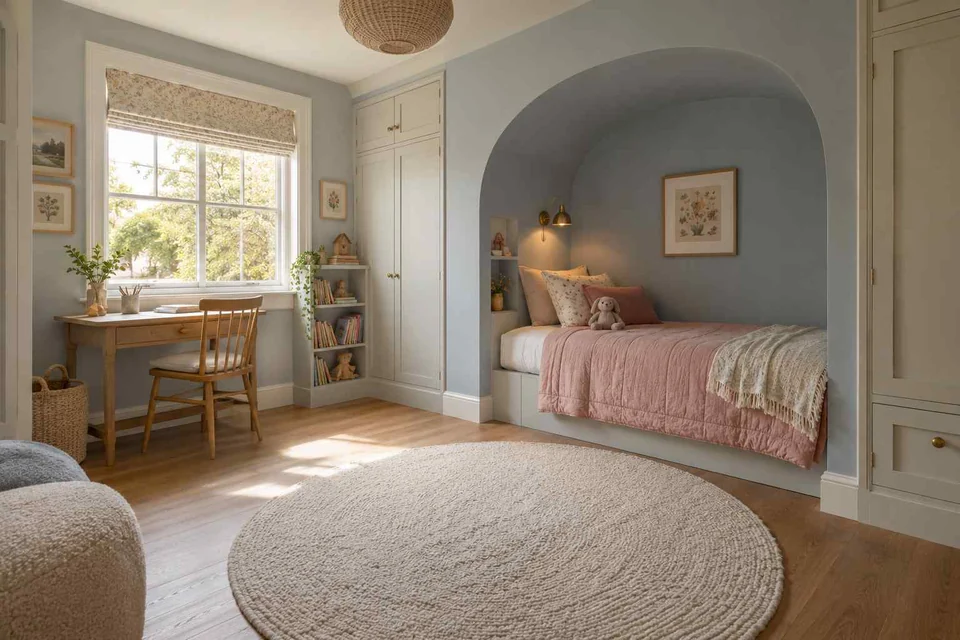 AI concept: a pink daybed set inside an arched alcove with a small desk nearby