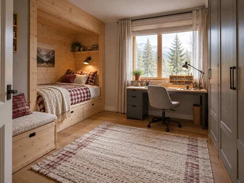 AI concept of a bedroom with a recessed sleeping area and a separate desk, with timber finishes and checked bedding