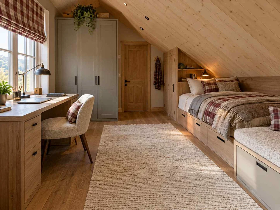 AI concept of a bedroom beneath a sloping ceiling with a bed and desk, with timber finishes and checked bedding