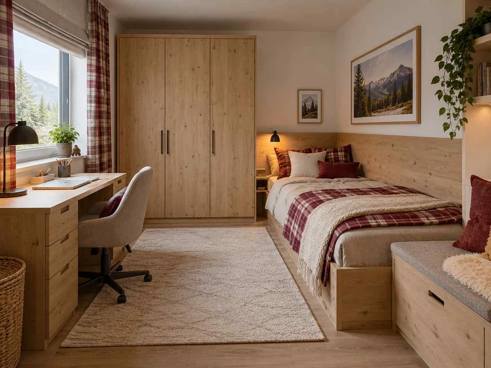 AI concept of a bedroom arranged with a bed, desk and storage furniture, with timber finishes and checked bedding
